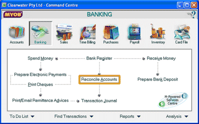 Select Reconcile Accounts in the Banking Command Centre