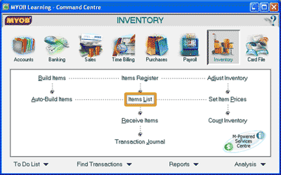 Select Items List in the Inventory Command Centre