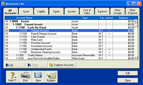 Accounts List window