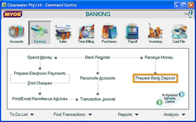 Select Prepare Bank Deposit in the Banking Command Centre