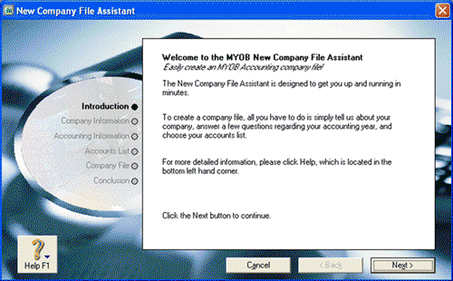 Image of Introduction screen in the New Company File Assistant