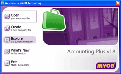 Image of the initial startup screen in MYOB Accounting Plus v18