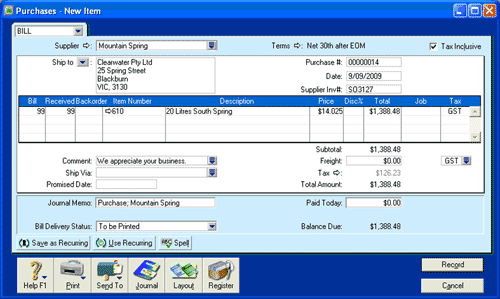 Image of purchase invoice before applying the debit note