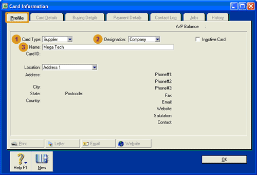 Image of Card Information window for a supplier - 1