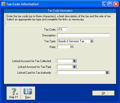 Image of Tax Code Information window after pressing <Tab>