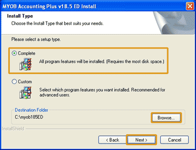 Select install type and destination folder for installing your MYOB software