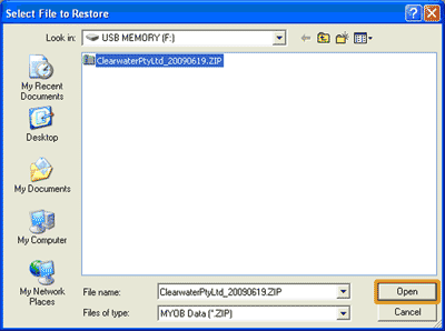 Select File to Restore window