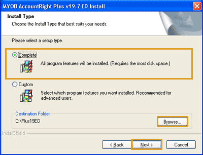 Select install type and destination folder for installing your MYOB software