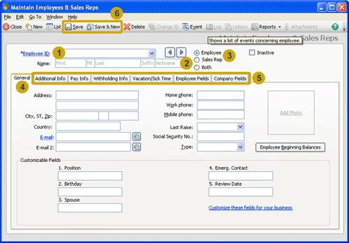 The Maintain Employees & Sales Reps window
