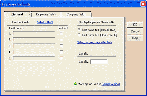The Employee Defaults window - general tab