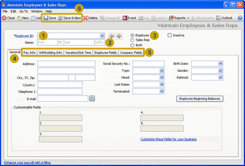 The Maintain Employees & Sales Reps window