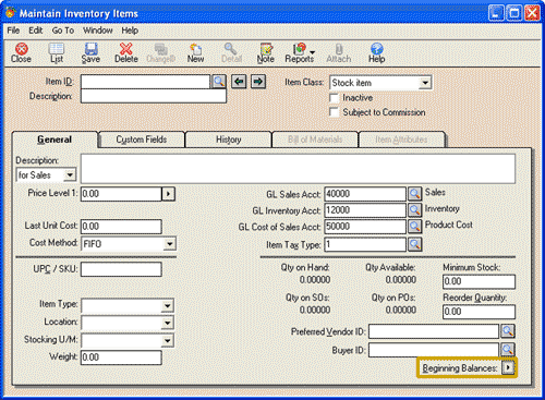 Select Beginning Balances arrow