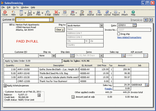 Sales invoicing window before correction