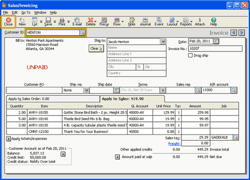 Sales invoiceing window before applying a receipt