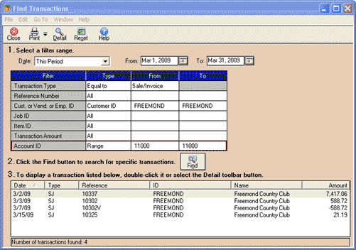 Completed Find Transactions Window