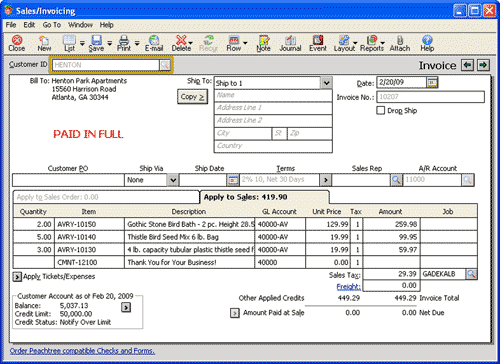 Sales invoicing window before correction