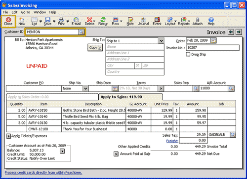 Sales invoiceing window before applying a receipt