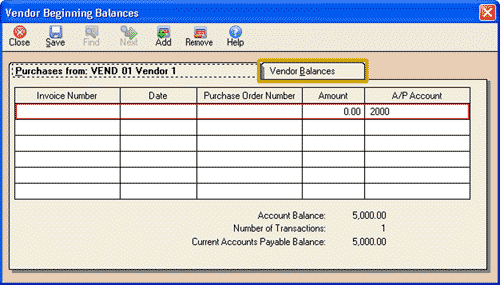 The Vendor Beginning Balances window