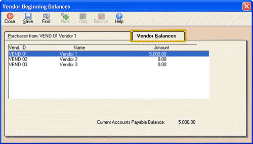 The Vendor Beginning Balances window - click Vendor Balances