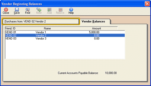 The Vendor Beginning Balances window - first tab