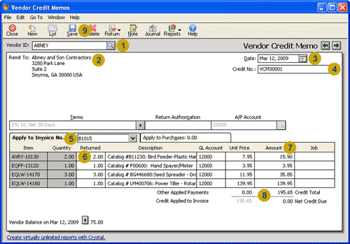 The Vendor Credit Memo window