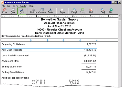 Preview of the Account Reconciliation report