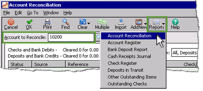 Select the Reports icon in the Account Reconciliation window