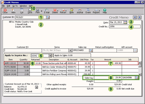 Credit memo window