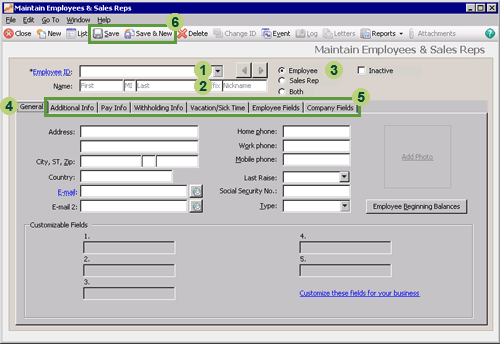 The Maintain Employees & Sales Reps window