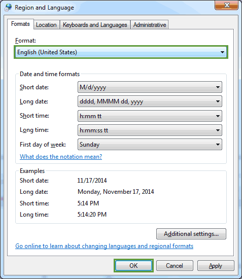 Select English (United States) from the Format drop down list image