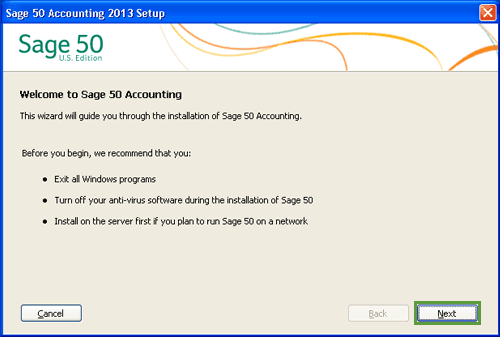 Sage 50 Accounting 2013 Setup window